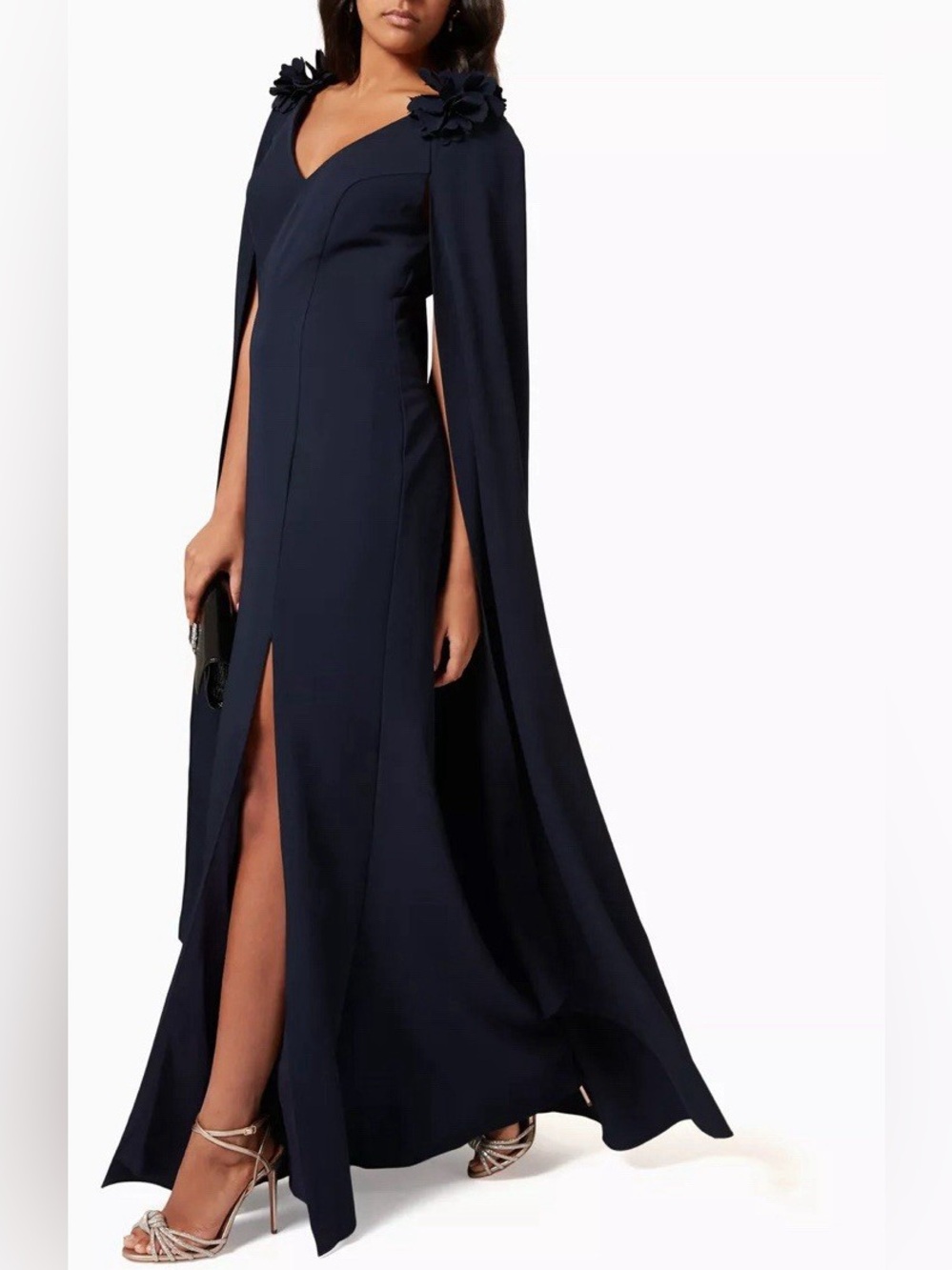 MARCHESA Notte Cape Effect Floral Applique Cady Gown with Slit Navy 4 NEW NWT